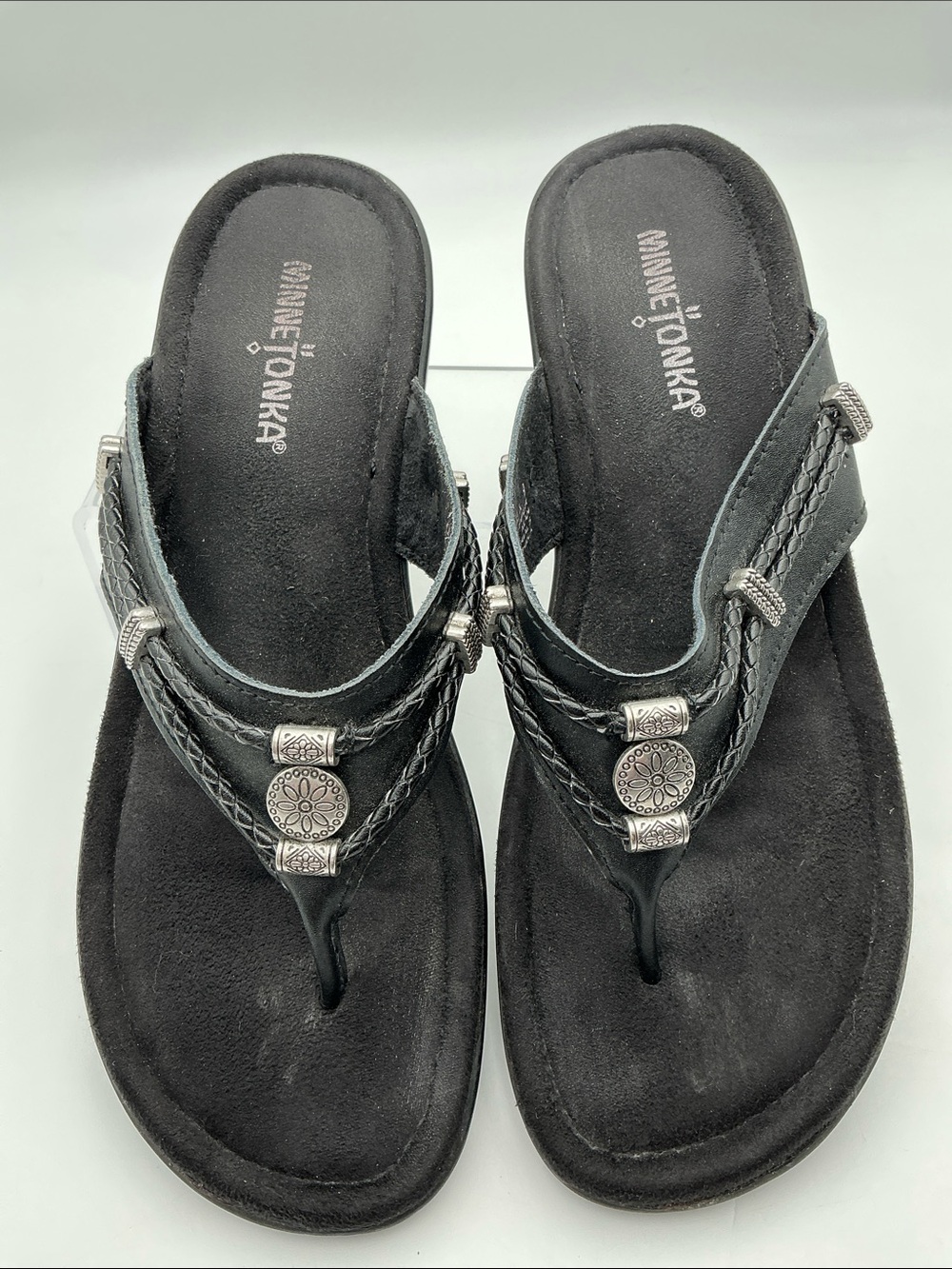 Minnetonka Black Sandals with Metal and Braided Leather Accents Women's 9